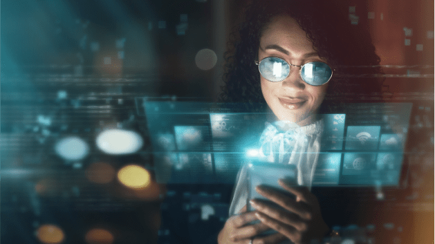 a woman with round blue-tinted glasses looks at her cell phone. Multiple images of her screen appear around her
