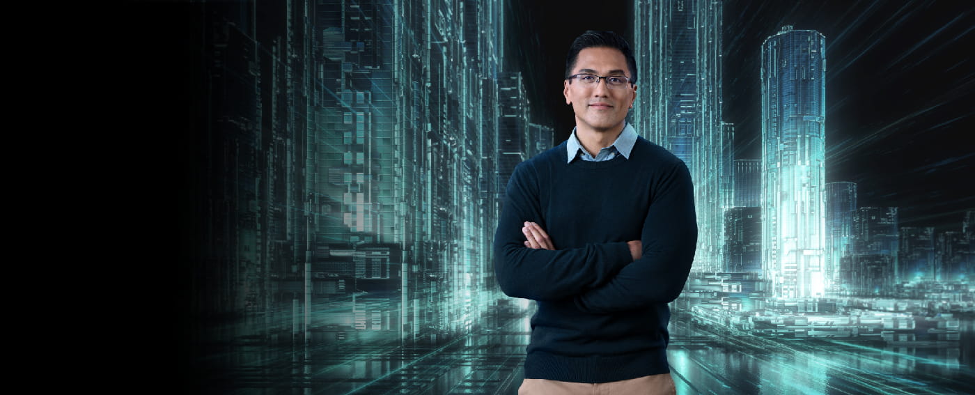 Man standing in front of projected digital screen